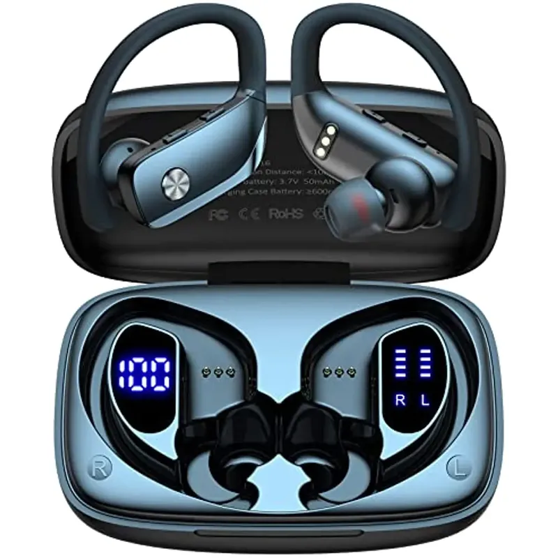 Kabellose Ohrhörer, Bluetooth-Kopfhörer, 48 Stunden Wiedergabe, Sport-Kopfhörer mit LED-Anzeige, Over-Ear-Knospen mit integriertem Mikrofon