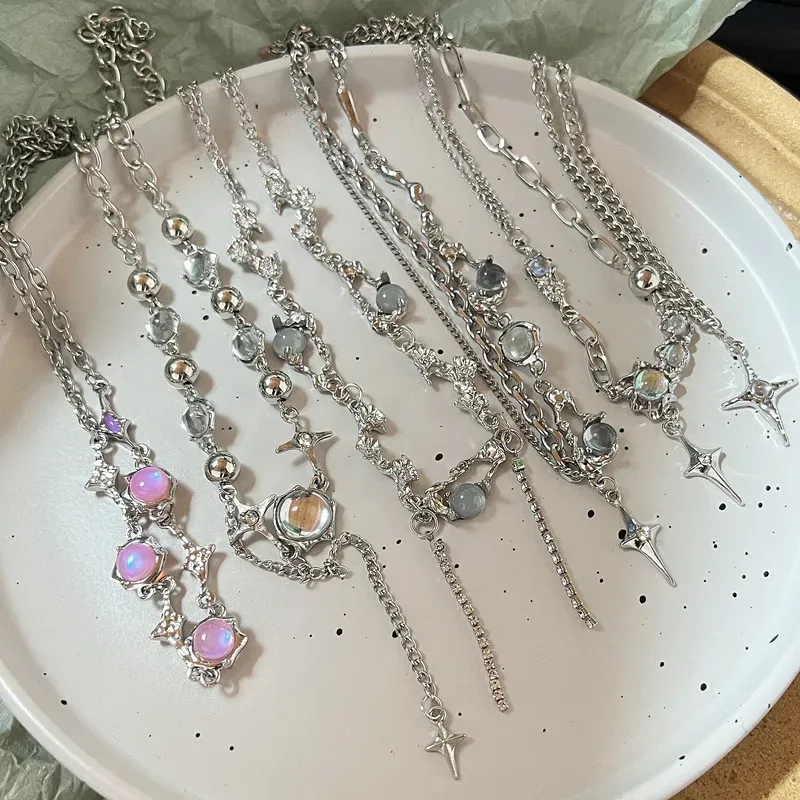 Koreanische Kristall Opal Mondstein Halsketten für Frauen Layered Zirkon Stern Halsband Kragen Y2K Ästhetischen Trendy Egirl Halskette Schmuck