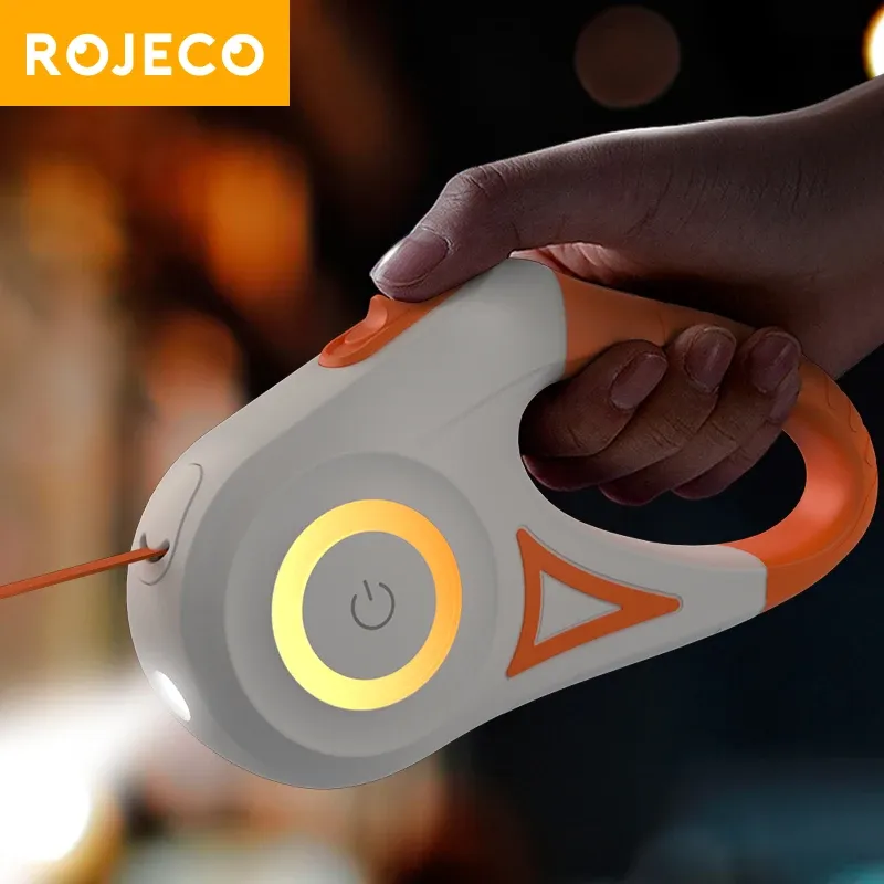 ROJECO 5M Automatische einziehbare Hundeleine LED Leuchtende führende Mode Lichtgurte für Hund Welpen Haustier Flexi Walking Running Lead