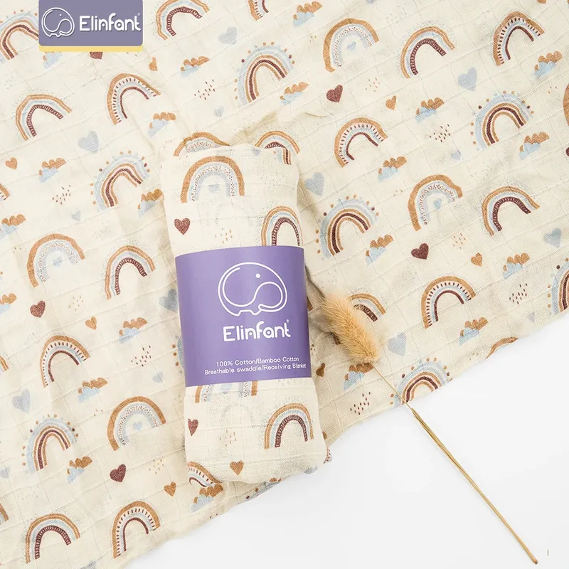 Elinfant 120 x 110 cm Baby-Musselin-Wickeldecke aus Bambus-Baumwolle, niedlicher weicher Aufdruck, Babyhandtuchwickel