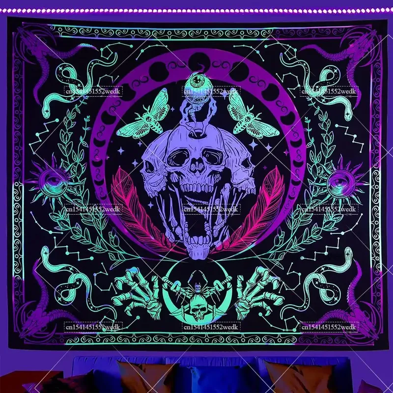 Hippie Schädel Schwarzlicht Tapisserie UV reaktive Halloween Skelett Tapisserie Neon leuchten in der dunklen Wandbehang ästhetischen Raum dekor