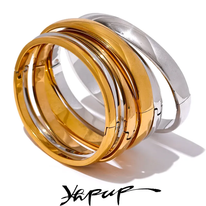 Yhpup 60mm Wasserdicht 316L Edelstahl Runde Glatte Armband Armreif Frauen Minimalistischen 18k Gold Farbe Textur Charme Schmuck