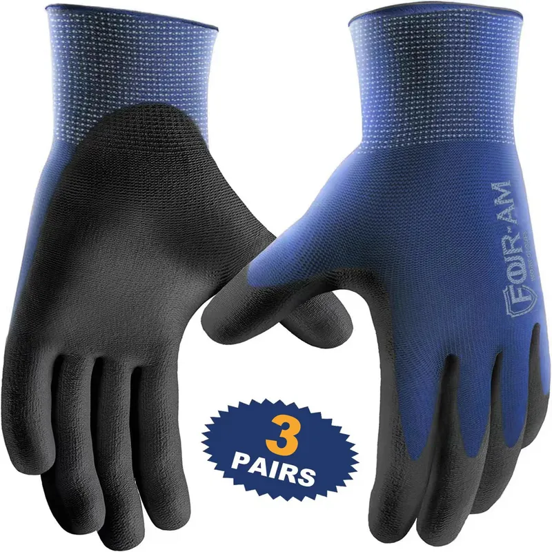 3 Paar ultradünne PU-beschichtete Arbeitshandschuhe, hervorragender Griff, schwarze Sicherheitsarbeitshandschuhe mit Nylonschale und Polyurethan-Beschichtung, gestrickte Handgelenkmanschette