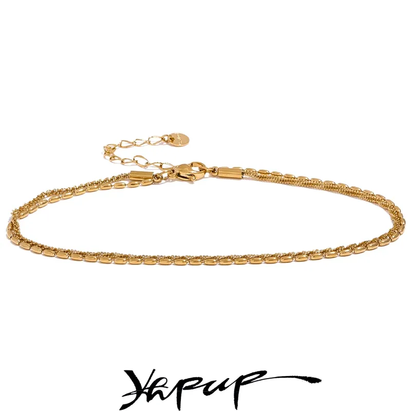 Yhpup Klassische Doppelschicht Exquisite Kette Edelstahl Stilvolle Fußkettchen Frauen Trendy Sommer Charme Gold Silber Farbe Schmuck