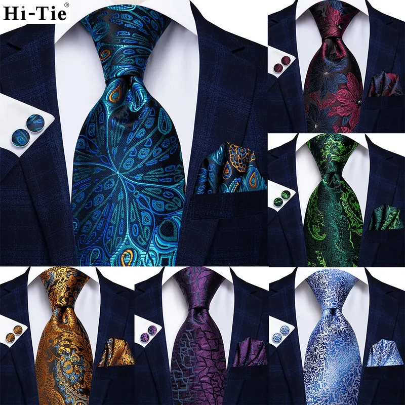 Jacquard-Krawatte in Pfauenblau mit neuartigem Design für Herren, Einstecktuch, Manschettenknöpfe, Geschenkset, Herren-Krawattenset für Business-Partys, Dropshipping