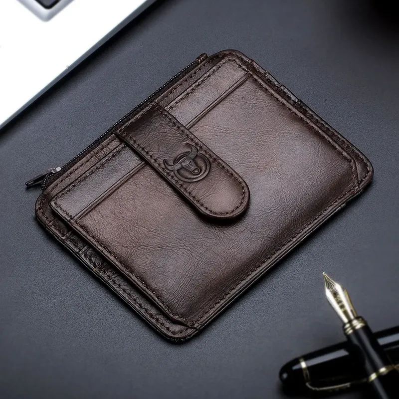 BULLCAPTAIN Echtes Leder RFID-blockierender Reißverschluss Kartenhalter Kreditwagen-Geldbörse Mini Slim Wallet Karten- und Ausweishalter Mann Business