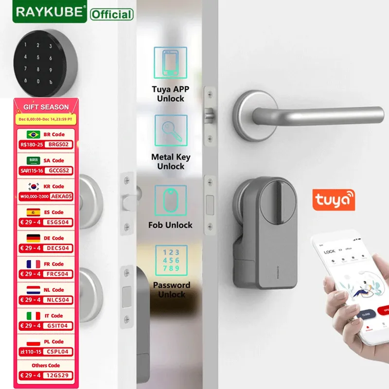 RAYKUBE A1 Pro Tuya BEL Intelligentes elektronisches Türschloss-Set mit Anhängern/kabelloser Tastatur/Smart Key Smart Life/Tuya APP-Fernentriegelung
