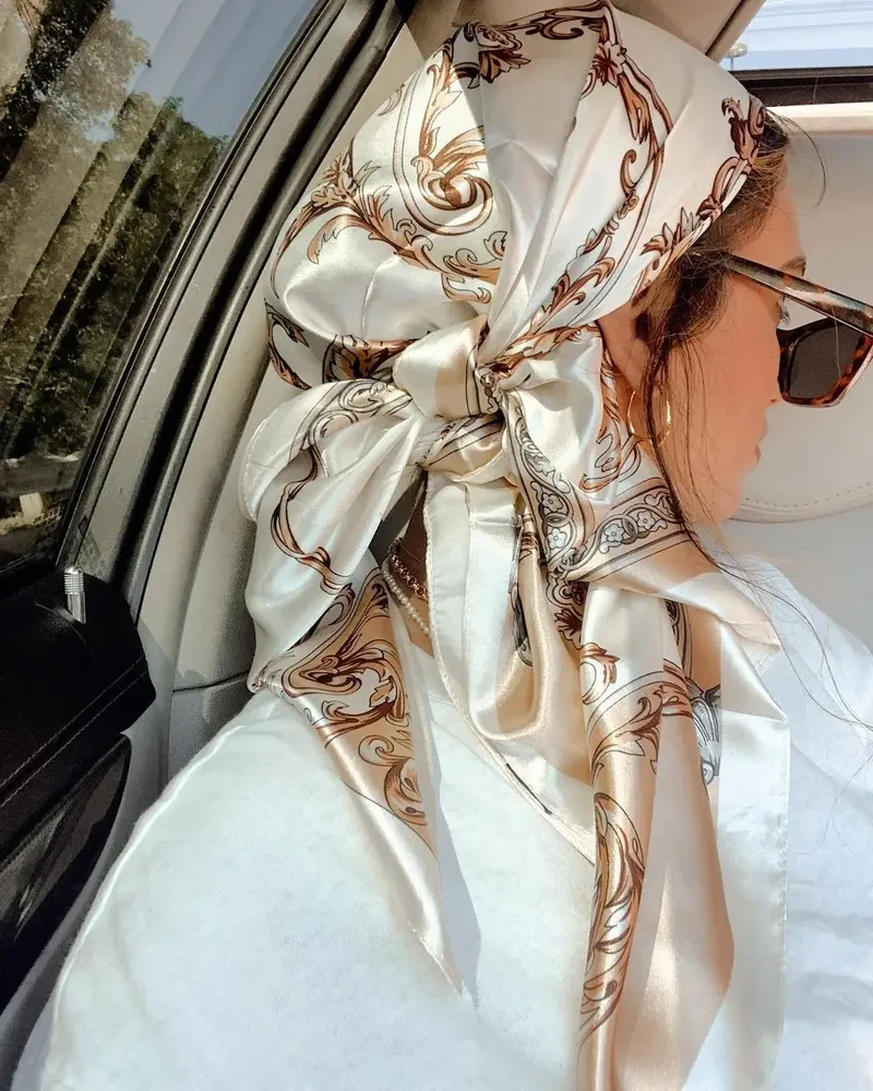 Satin-Quadrat-Schal für Damen, muslimischer Hijab, elegant, 2025, bedruckt, Seidenhalstuch, Schal, Wickel, Stirnband, Griff, Haar-Accessoires, Bandana