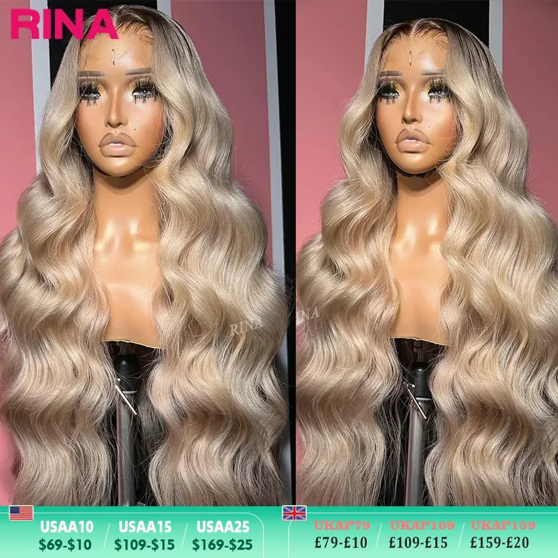13x6 Ombre Blondine mit wurzel farbenen Lace Front Perücken für Frauen Echthaar Körper Welle Ombre Asche blonde Spitze Frontal Perücke