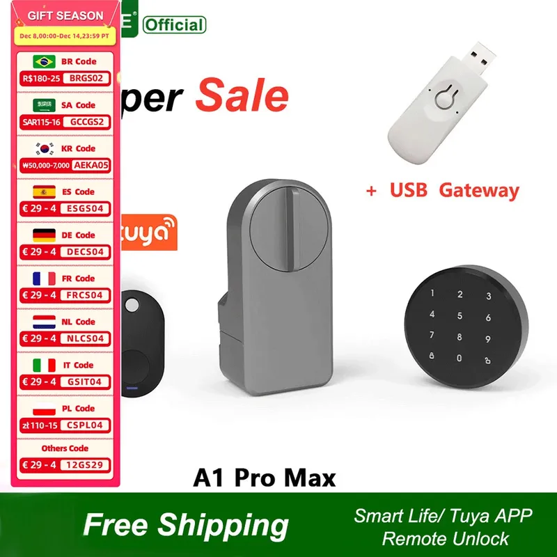 RAYKUBE A1 Pro Tuya BEL Smart Türschloss Set mit Anhänger/Tastatur/Smart Key Tuya Remote Unlock Arbeit mit Alexa Google Assistant