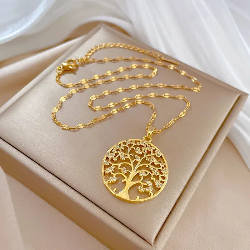 Temperamentvolle Luxus Strass Baum des Lebens Anhänger Halskette Frauen Vintage Edelstahl Wasserdichte Kette Ästhetischen Schmuck