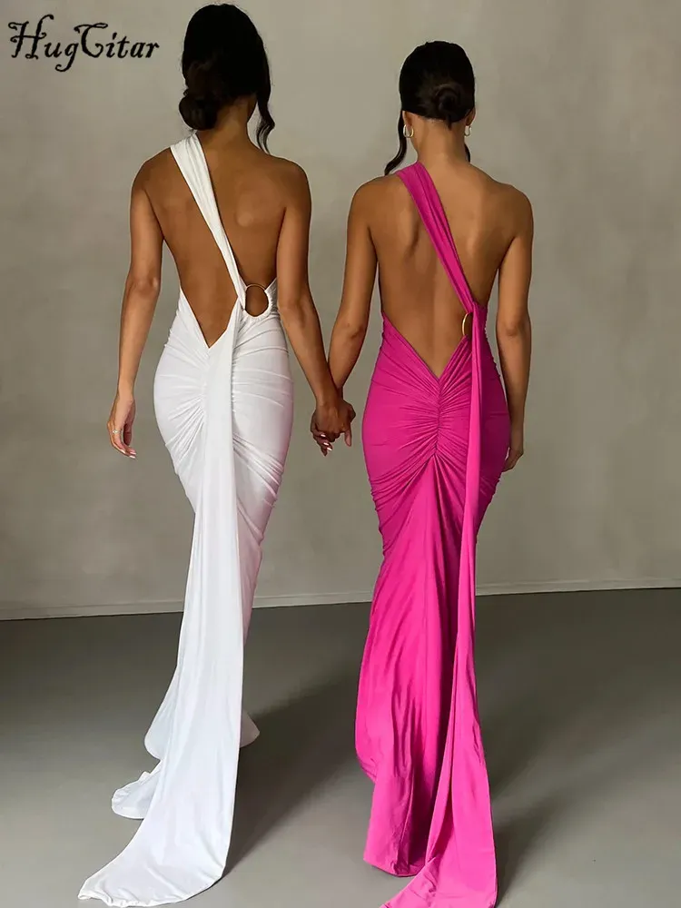 Hugcitar One Shoulder Rückenfrei Verstellbarer Schal Schleife Gerafft Sexy Maxikleid Damen Elegant Y2K Streetwear Festival Outfit