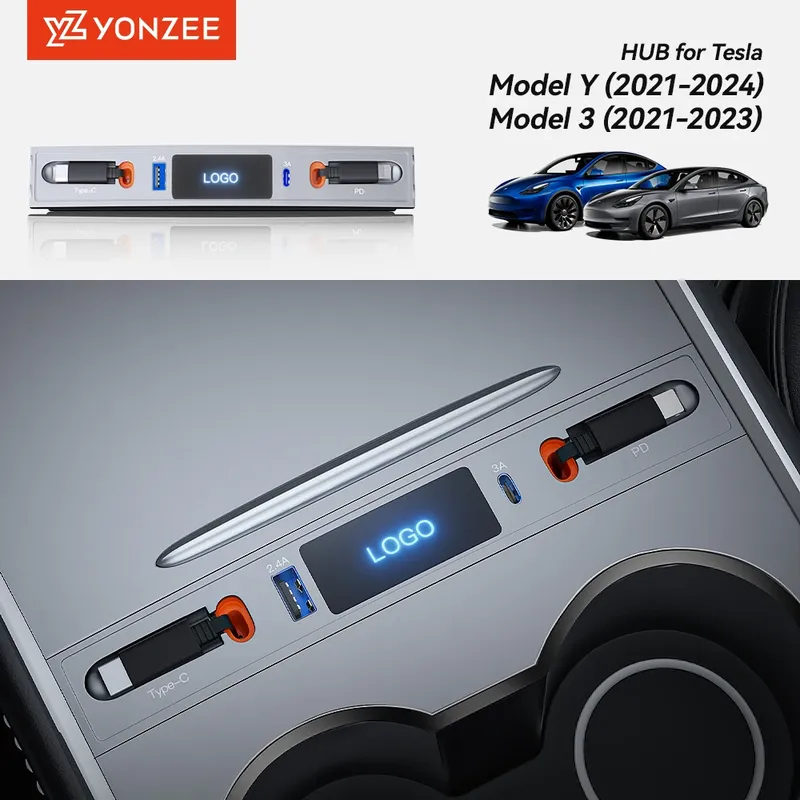 YZ Für Tesla Modell 3 Y 2023 27 W Schnell Ladegerät USB Shunt Hub Intelligente Docking Station Auto Adapter Powered splitter Verlängerung