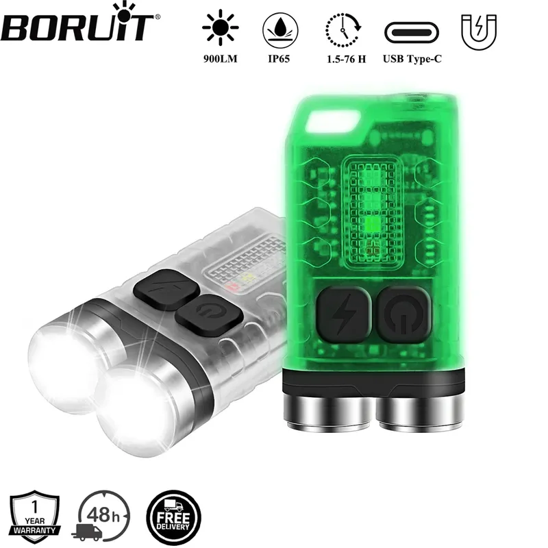 BORUiT V3 UV-LED-EDC-Schlüsselanhänger-Taschenlampe Typ C, wiederaufladbare Arbeitslicht-Taschenlampe mit Magnet, wasserdichte Camping-Taschenlaterne