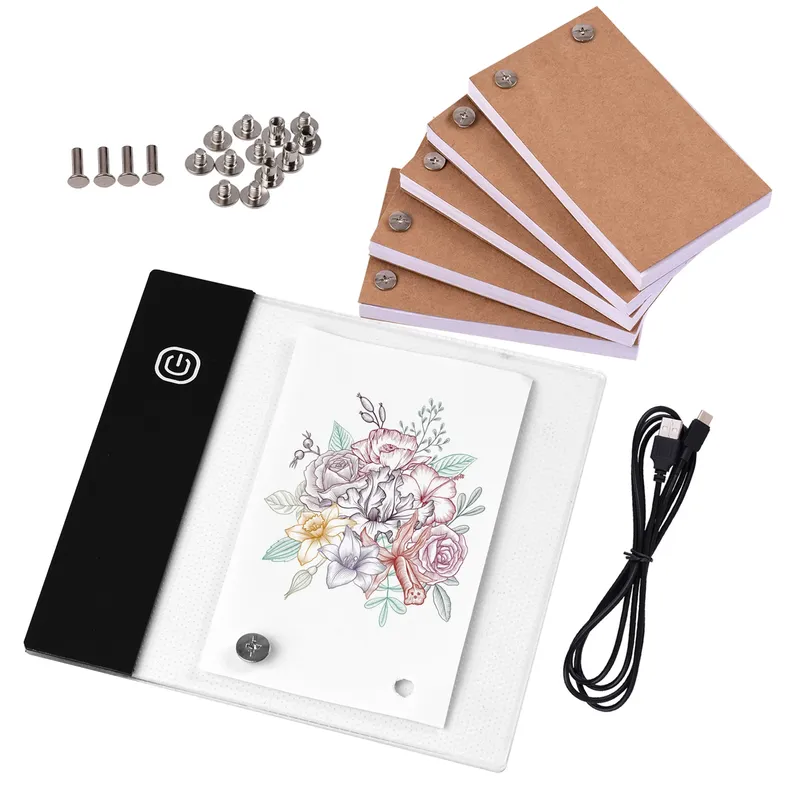 Flip-Book-Set mit Mini-Lichtpad, LED-Leuchtkasten-Tablet-Design mit Loch, 300 Blatt, Flipbook-Papier, Bindeschrauben zum Zeichnen