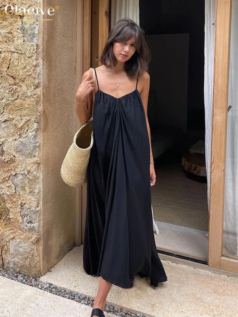 Clacive Sommer lose schwarze Frauen kleid 2023 Mode Riemen ärmellose knöchel lange Kleider elegante rücken freie weibliche Sommerkleid