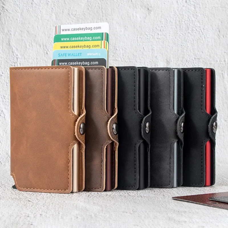 CASEKEY Herren-Geldbörse, schlankes Pop-Up-Geldbörse aus Premium-Leder, RFID-blockierendes Mini-Kreditkartenetui aus Aluminium, minimalistische Geldbörse für Herren