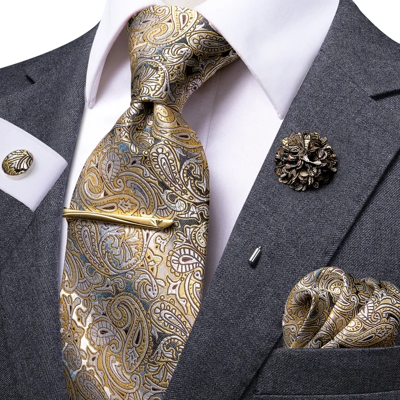 Hi-Tie Gelbbraune Paisley-Krawatte für Männer, Seide, Herren-Krawattenklammer, Geschenk für Männer, luxuriöse Krawatte, Einstecktuch, Manschettenknöpfe-Set, formelle Hochzeit