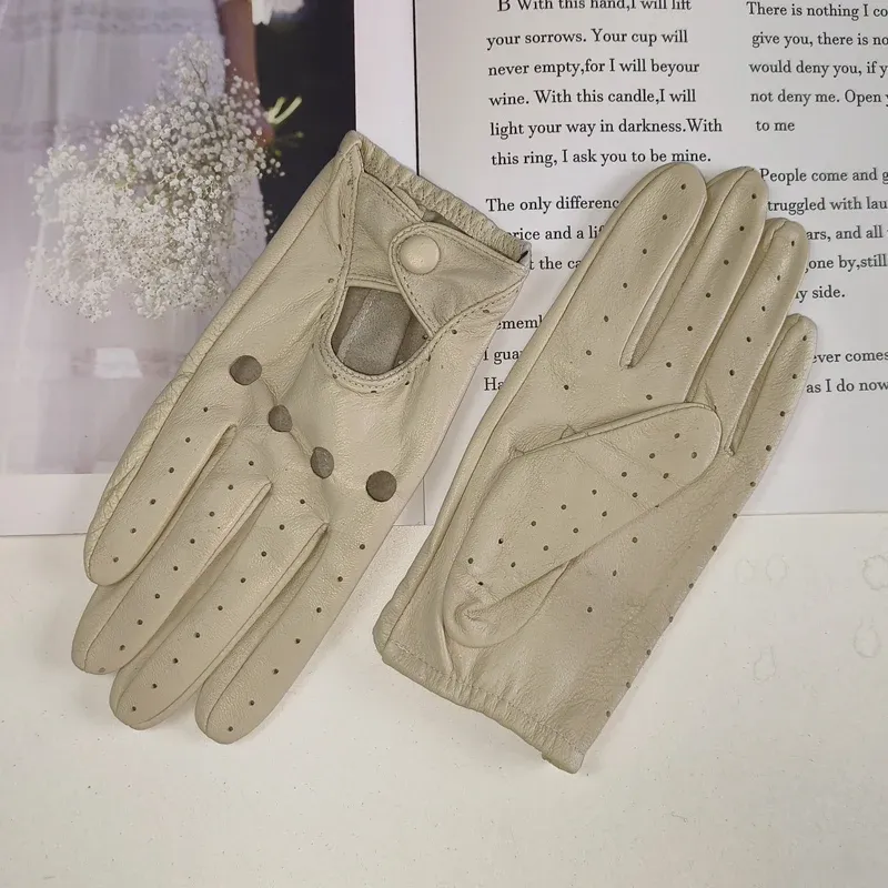 Dünne Damen-Fahrerhandschuhe aus Schaffell, Sommer, atmungsaktiv, mit Druckknopf, farbige Handschuhe aus echtem Leder - 8.39 EUR