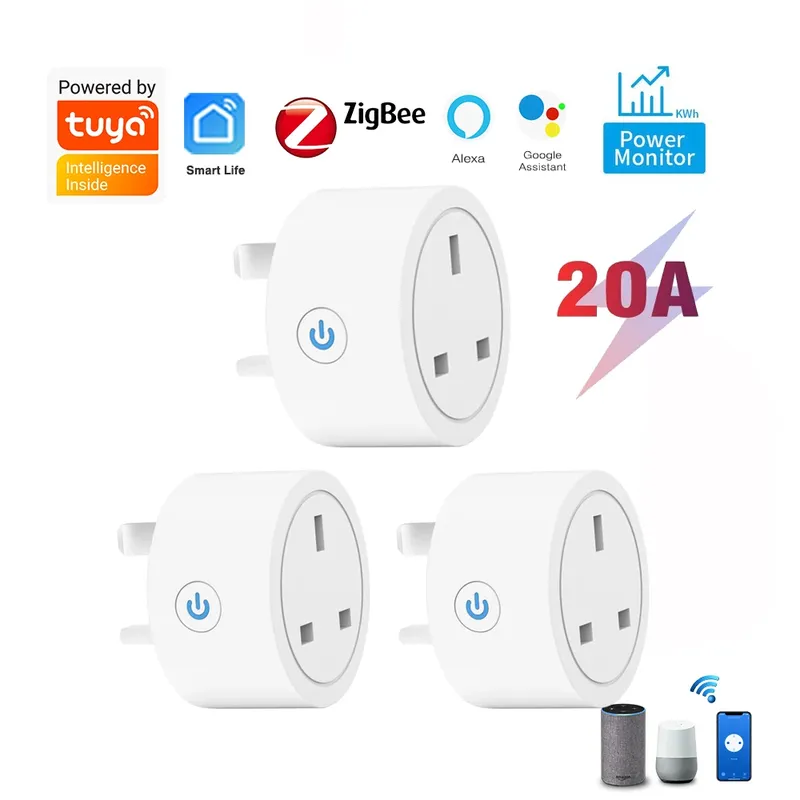 20a Tuya ZigBee Smart Socket UK Stecker Adapter Strom überwachung mit ZigBee Hub für intelligente Steuerung Unterstützung Google Home Alexa