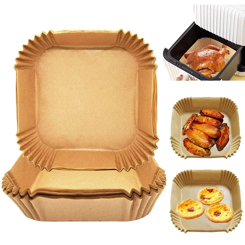 50/100 Stück Luftfritteusen-Einweg-Papier-Luftfritteusen-Zubehör, quadratisch, rund, ölbeständig, Antihaft-Matte für Küche, Ofen, Backen