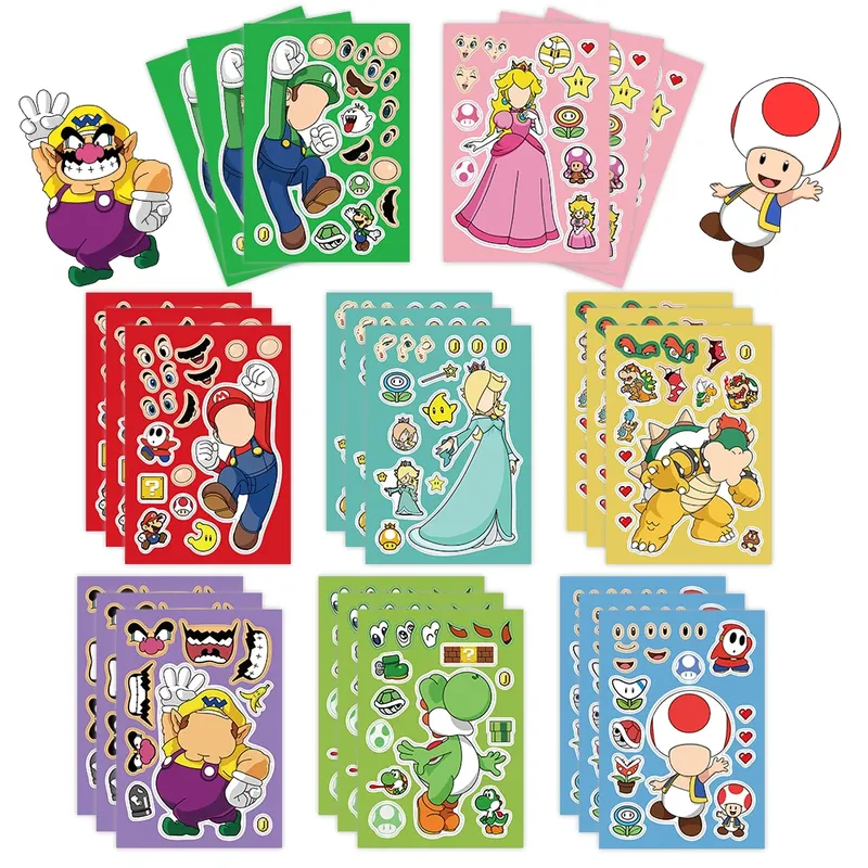 32 blätter Kinder DIY Puzzle Aufkleber Mario Gesicht Lustige Anime Cartoon Montieren Aufkleber Kinder Spielzeug Jungen Mädchen Geschenke