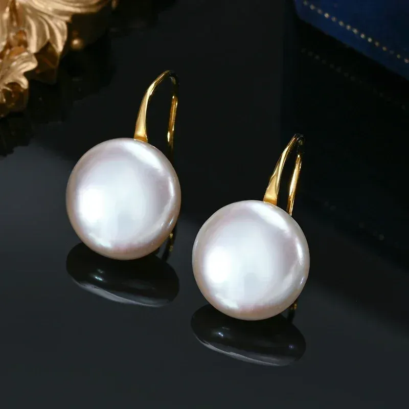 HENGSHENG OL Natürlicher Süßwasser-Ohrring, 11–13 mm, weiße Knopfform, barocke Perle, 925er Sterlingsilber, Ohrhaken, Schmuck für Frauen