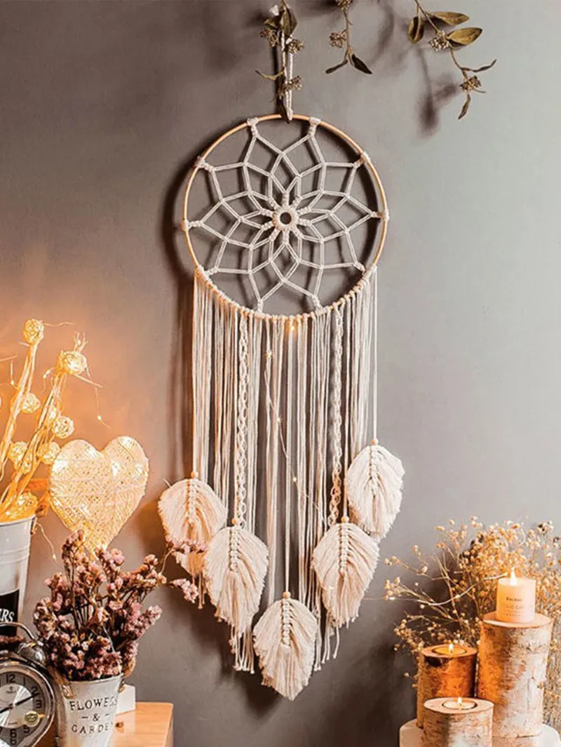 Makramee-Traumfänger, böhmischer Blatt-Wandbehang, nordisches Dekor, Boho, handgefertigter Wandteppich, Ornamente für Zuhause, Wohnzimmer, Dekoration