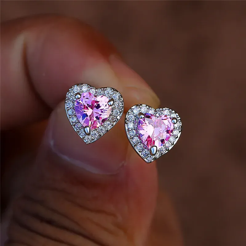 Mode weibliche Ohrringe Silber Nadel rosa herzförmige Zirkon Ohrringe für Frauen versprechen Liebe Aussage Bijoux Schmuck