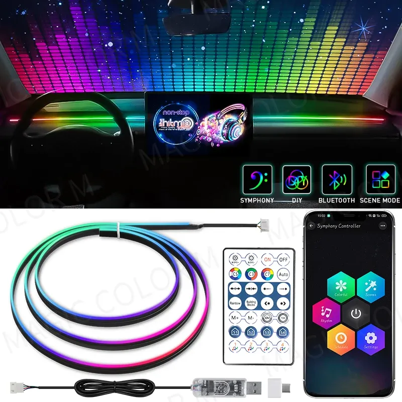 Vegetting 140 cm Auto Umgebungslichter LED Innen RGB Symphonie Atmosphäre Lampe USB APP Fernbedienung für Tesla Modell 3 Y S X