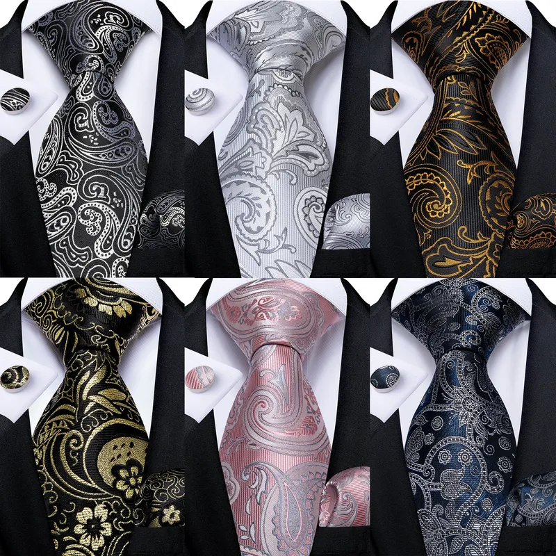 Schwarze und silberne Paisley-Blumen-Krawatten für Herren, grau, blau, rosa, Hochzeitsaccessoires, Krawatten-Set, Taschentuch, Manschettenknöpfe, Geschenk für Männer