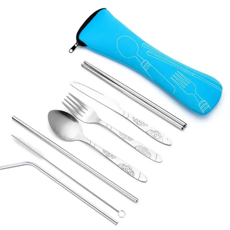 7 teile/satz Edelstahl Geschirr Set Outdoor Tragbare Stoff Tasche Messer Gabel Löffel Stäbchen Stroh Reiche Blumen Sieben Sets