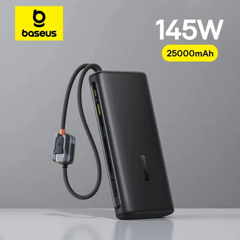 Baseus 145W Powerbank 25000mAh Schnellladung Eingebautes Typ-C-Kabel Tragbares Akku-Ladegerät für iPhone Samsung MacBook Tablet