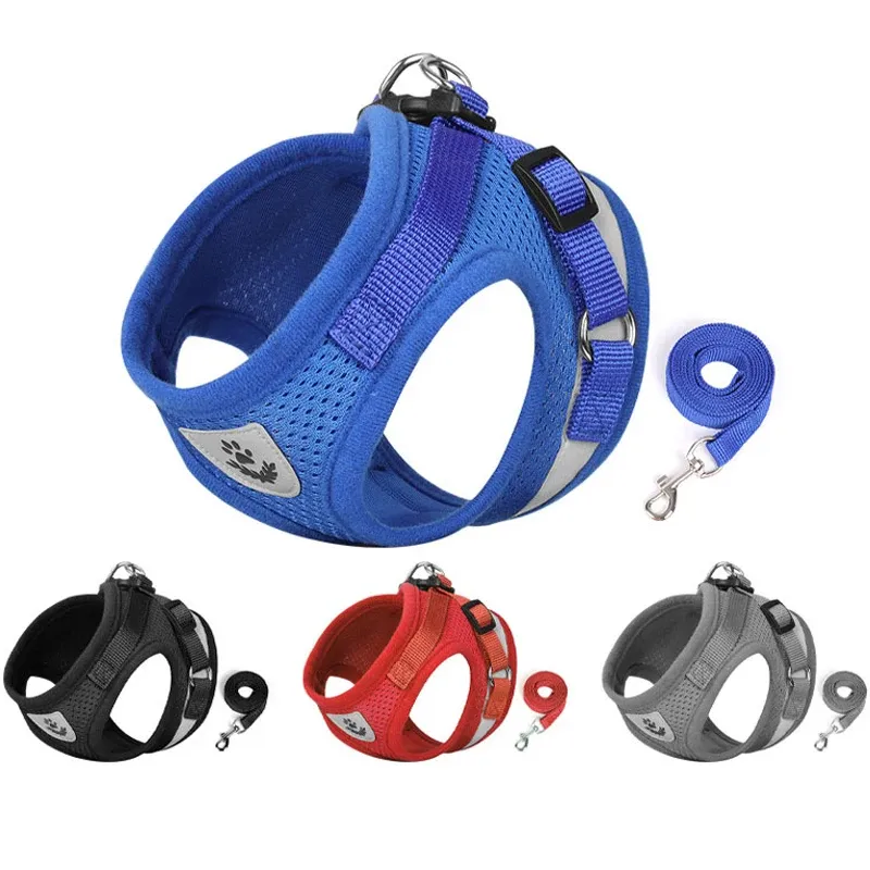 Weiches Mesh-Geschirr-Set für Hunde und Katzen, reflektierende Laufleinen-Sets, atmungsaktive Welpenweste für kleine, mittelgroße Hunde, Yorkie Teddy