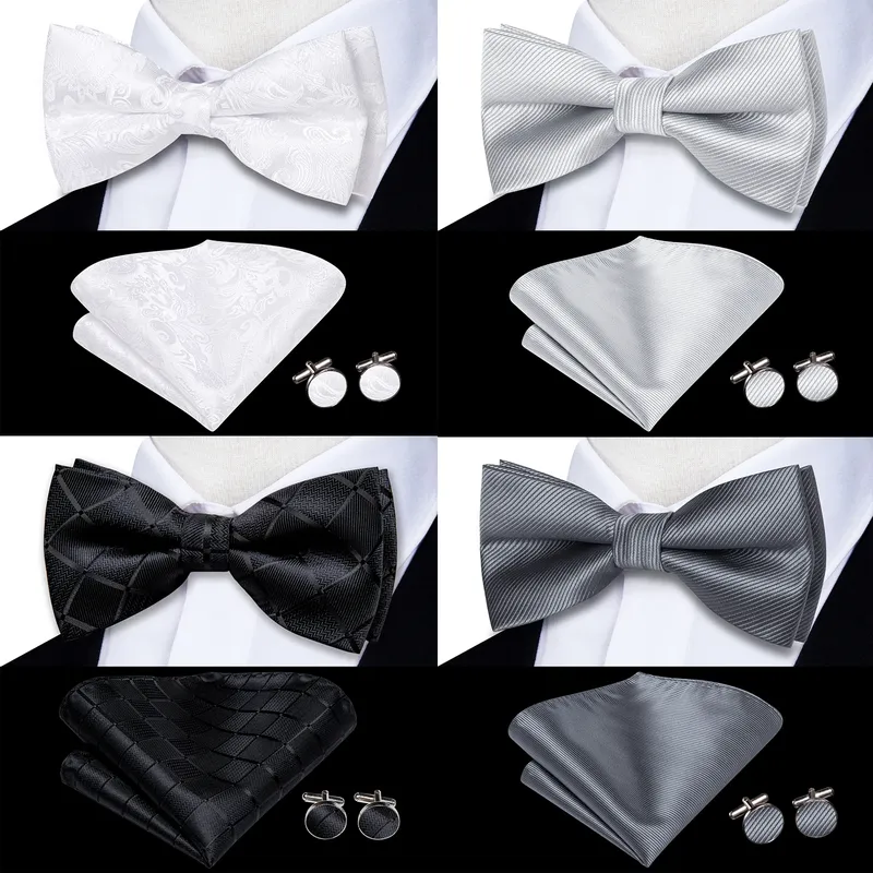 Hi-Tie Herren-Fliege aus Seide, Einstecktuch, Manschettenknöpfe, Set, Weiß, Schwarz, Grau, Silber, vorgebundene Fliege mit Schmetterlingsknoten für Männer, Hochzeit, Geschäft