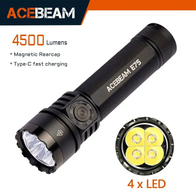 ACEBEAM E75 Quad-Core LED-Taschenlampe USB C wiederaufladbare Taschenlampe mit 21700 Akku 4500LM 260M Taschenlampen Leistungsstarker Verteidigungsblitz