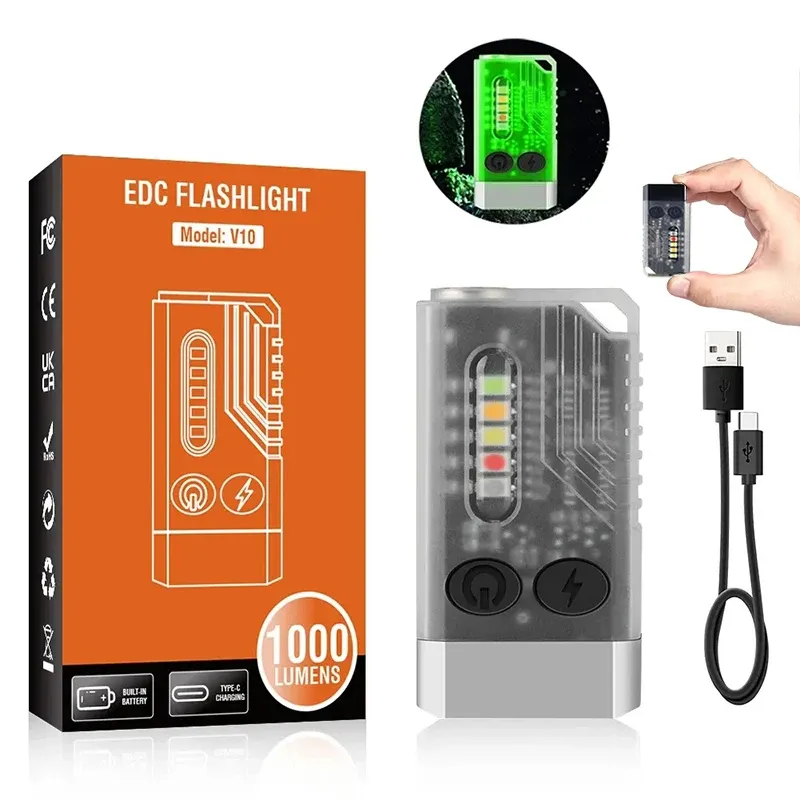 Mini V10 EDC Taschenlampe 1000LM Super Helle Tragbare Schlüsselanhänger Licht Mit Magnet USB Aufladbare UV Beep Camping Laterne