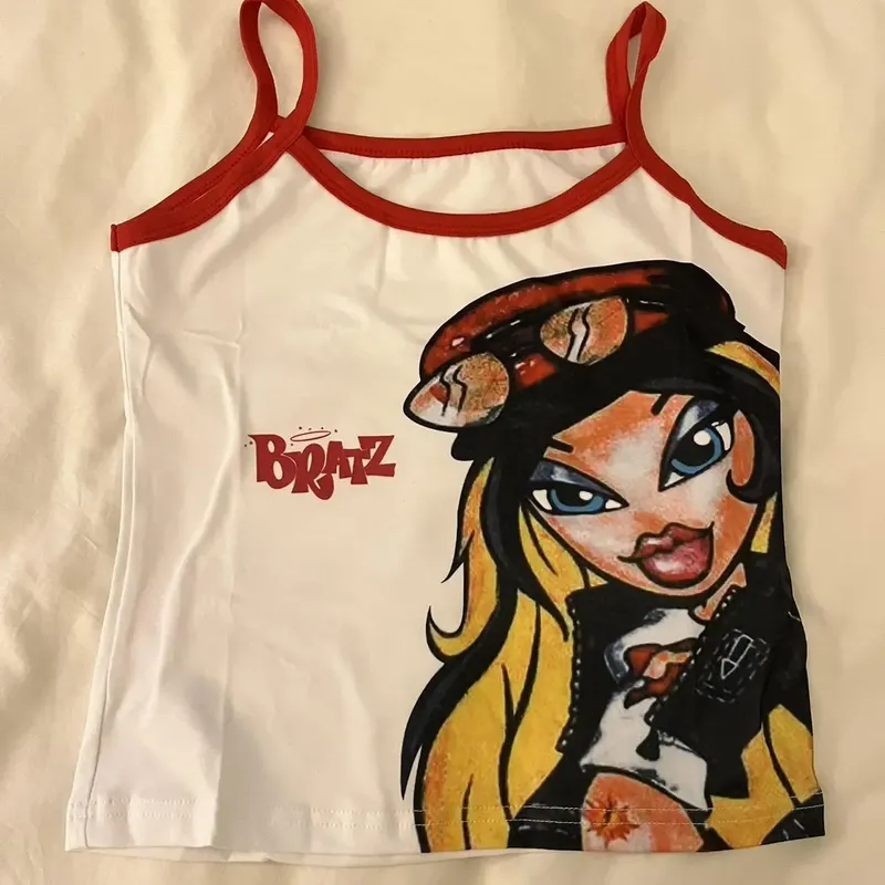 Mädchen Y2k 2000er Jahre Cartoon Anime Druck Tank Top Sommer Vintage Rundhalsausschnitt Crop Tops Harajuku Streetwear Grunge sexy Korsett