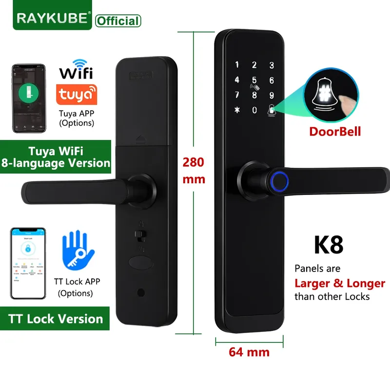 RAYKUBE K8 Intelligentes Türschloss TTlock Bluetooth / Tuya Wifi Fingerabdruck Passwort 13,56 MHz IC-Karte Keyless Smartlife Home
