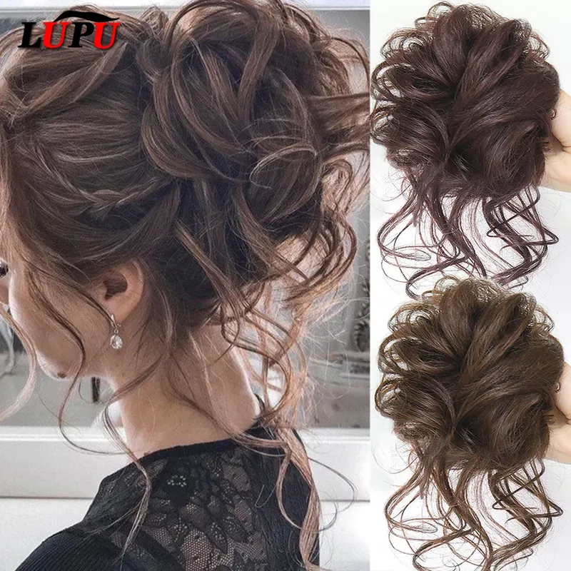 LUPU Synthetischer Haarknoten, Chignon, unordentliches lockiges Haarband, elastisches Haargummi, falsche Haarteile für Frauen, Haarnadeln, Schwarz, Braun