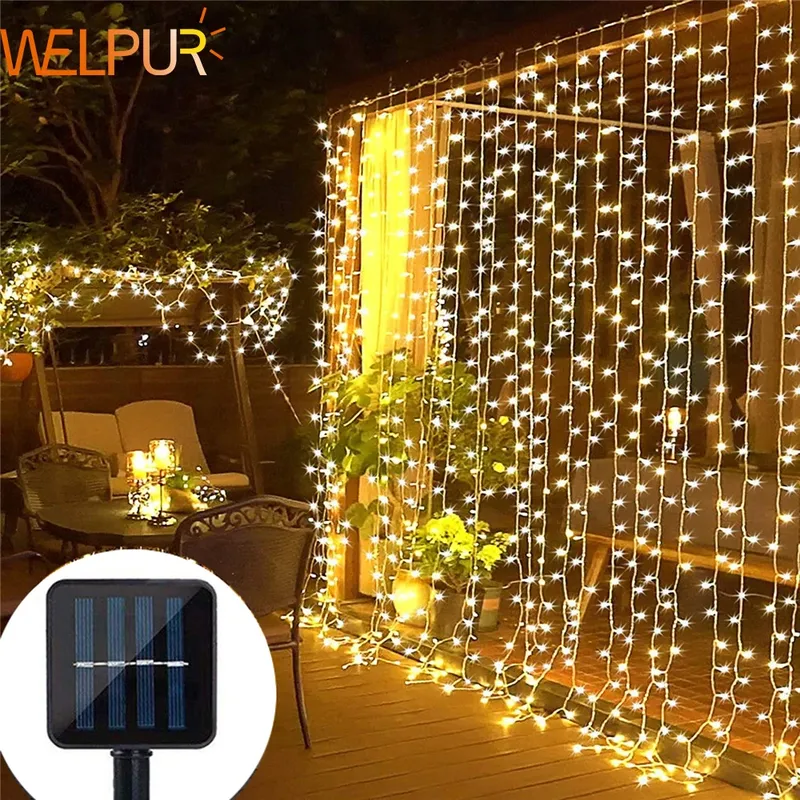 Solar Vorhang Licht führte im Freien wasserdicht 120leds Girlande Dekoration Lichterketten Hof Weihnachten Fee Girlande Lichterketten