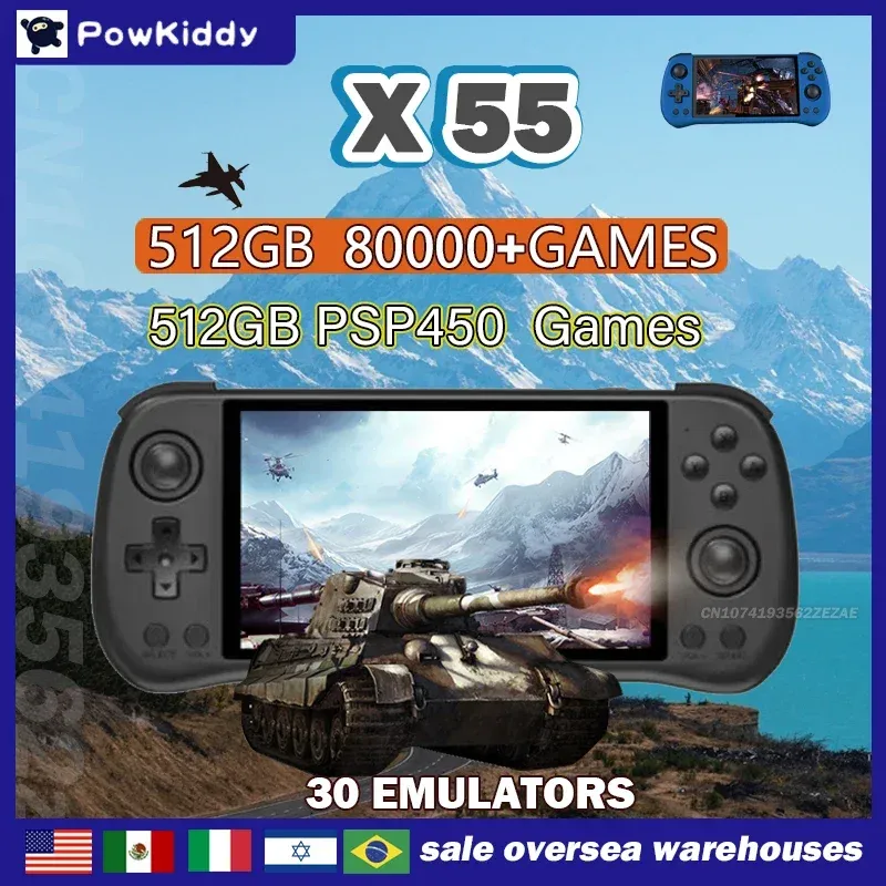80000 Spiele 512G POWKIDDY X55 5,5 ZOLL IPS Bildschirm RK3566 Handheld Spielkonsole Linux Open-Source Retro Konsole HD Geschenke