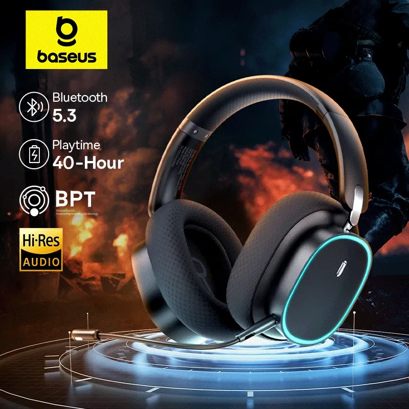 Baseus GH02 Gaming-Funkkopfhörer mit Mikrofon, Over-Ear-Kopfhörer, Bluetooth 5.3, 40-mm-Treiber, 2,4 G/kabellos/Kabel, RGB-Headsets