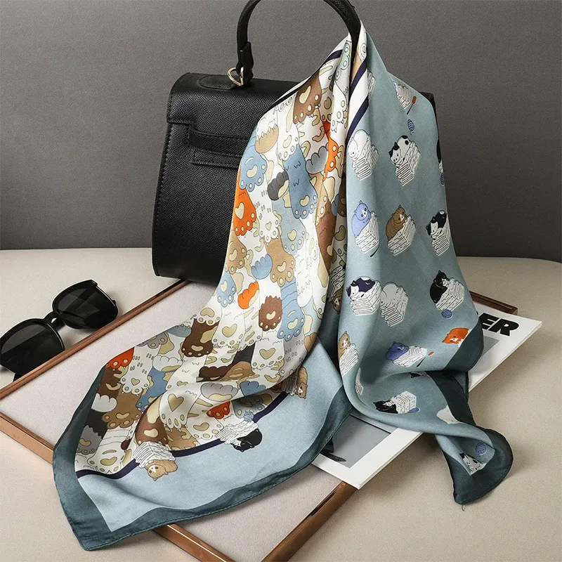 Luxus Seide Schal Fett Katze Quadrat Schal für Frauen Satin Hijab Mode Wraps Halstuch Weibliche Haar Bands Band Stirnband Bandana