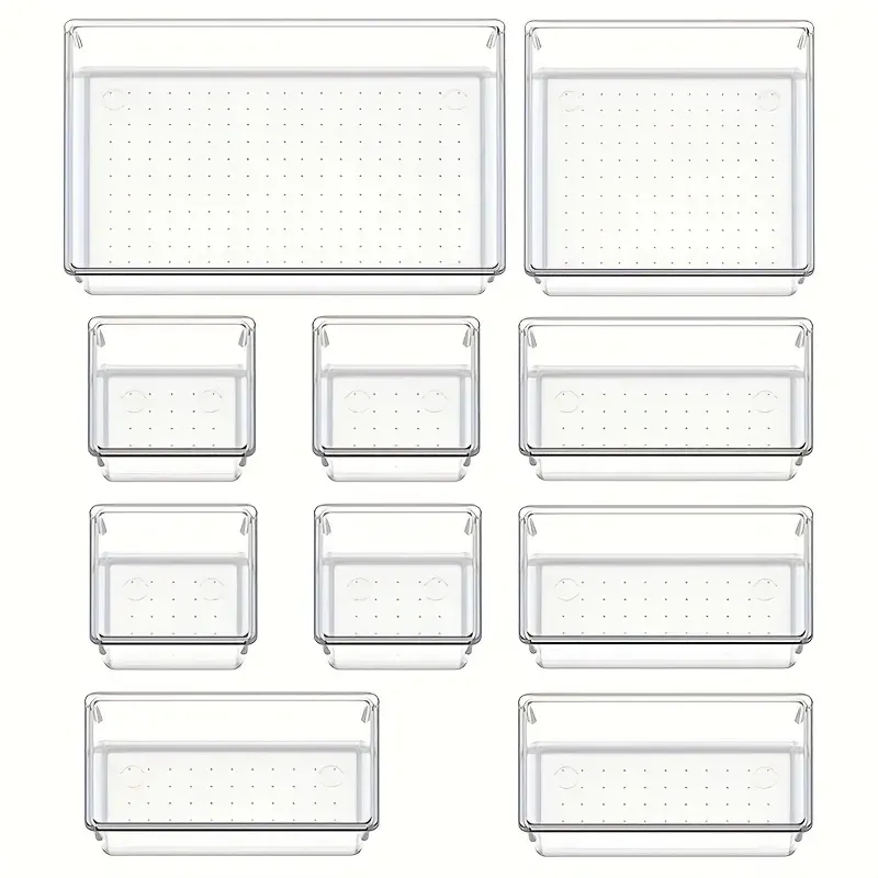 10-teiliges, vielseitiges Schubladen-Organizer-Set – transparente Kunststofftabletts und Trennwände in 4 Größen für perfekte Make-up- und Küchenaufbewahrung