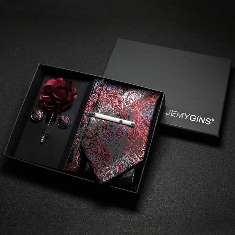 Weinrote Herren-Krawatte, Paisley-Seidenkrawatte, Einstecktuch, Manschettenknopf, luxuriöses Geschenkbox-Set, Hochzeit, Gravat-Accessoires, Krawatte für Männer