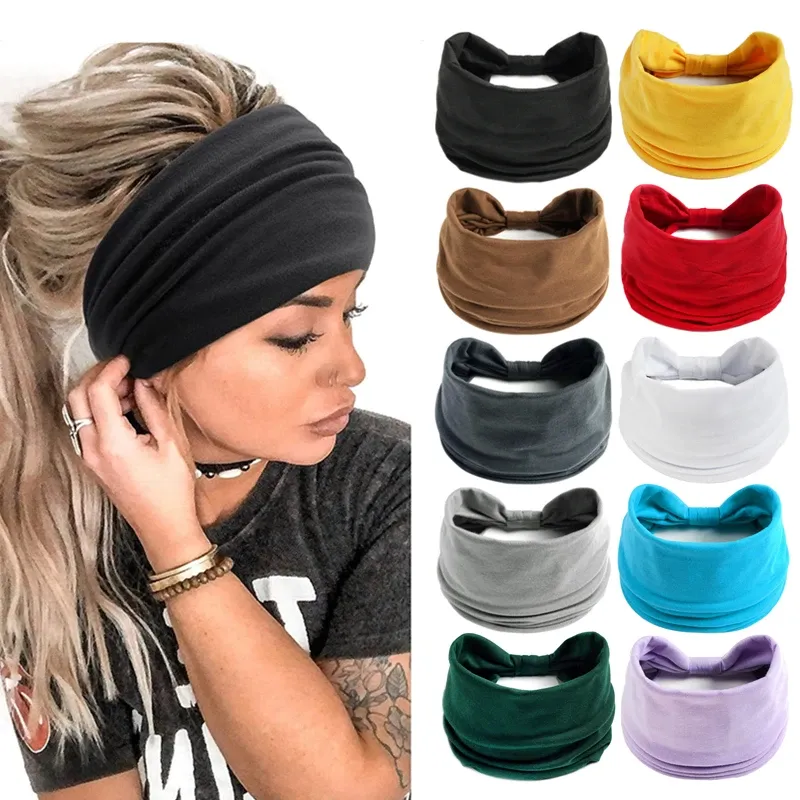 Neue Boho Einfarbig Breite Stirnbänder Vintage Knoten Elastische Turban Headwrap für Frauen Mädchen Baumwolle Weiche Bandana Haar Zubehör