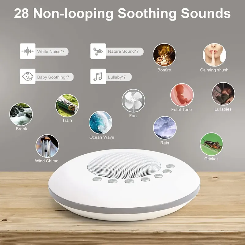 Baby White Noise Sound Machine, integriert, 28 beruhigende Geräusche, 4 Timer und Speicherfunktion, wiederaufladbares, tragbares USB-Schlafhilfegerät