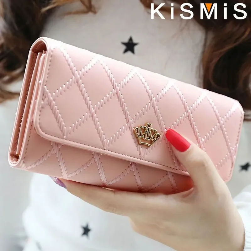 KISMIS Geldbörsen für Damen, niedliche rosa Tasche, Damen-Geldbörsen, Geldbörsen, kariertes PU-Leder, lange Geldbörse, Haspe, Handytasche, Geld, Münzfach, ca