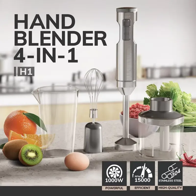 Handstabmixer Leistungsstarker 4-in-1-Stabmixer aus Edelstahl, 700ml Mixbecher, 500ml Prozessor, Schneebesen